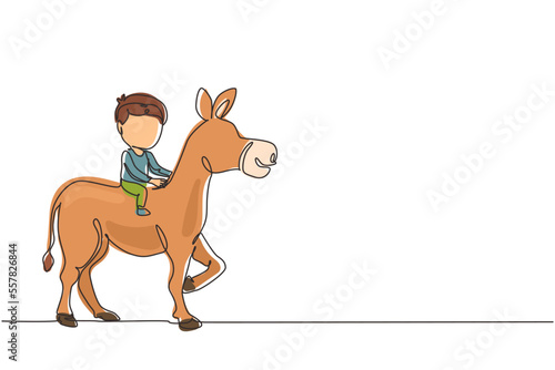 Continuous one line drawing happy cute boy riding cute donkey. Child sitting on back donkey with saddle in ranch park. Kids learning to ride donkey. Single line draw design vector graphic illustration