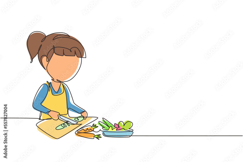 Single continuous line drawing little girl is cutting carrot and other fresh vegetables. Smiling child is enjoying cooking at home to help mother. One line draw graphic design vector illustration Single continuous line drawing little girl is cutting carrot and other fresh vegetables. Smiling child is enjoying cooking at home to help mother. One line draw graphic design vector illustration