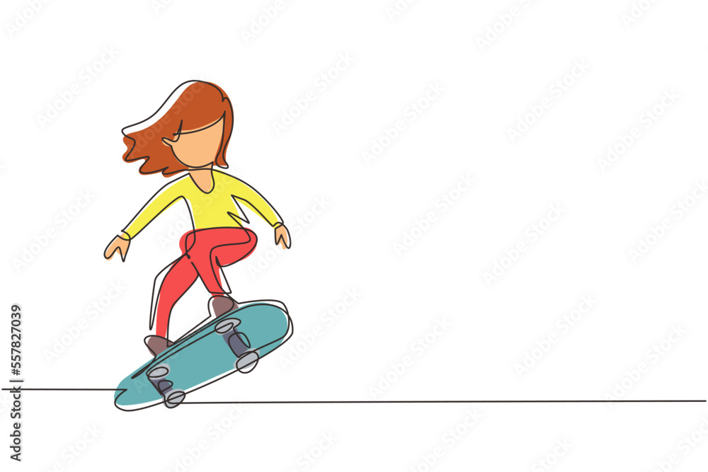 Obraz premium Single continuous line drawing happy smiling girl playing on skateboard. Kid accelerating doing jumping. Children on skateboarding ride at playground. One line draw graphic design vector illustration