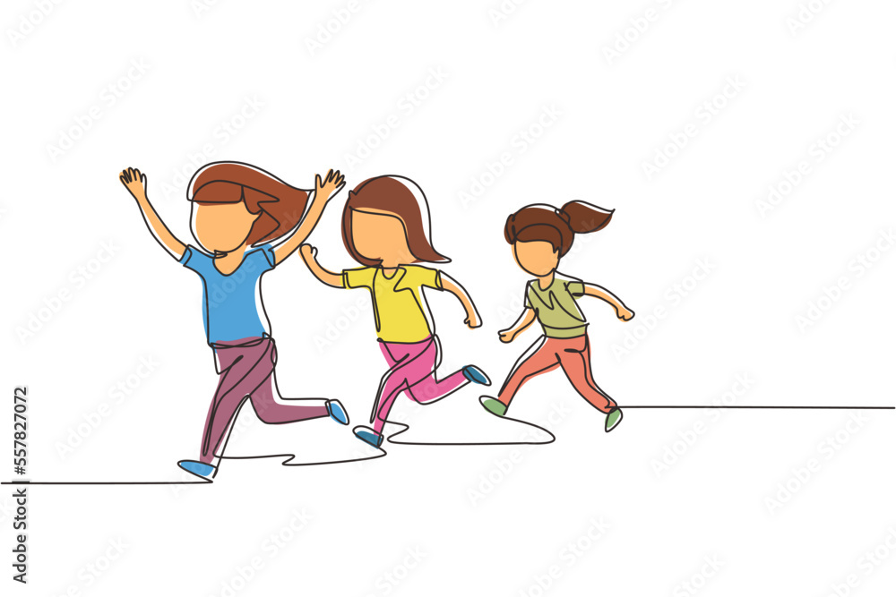 Vettoriale Stock Single continuous line drawing children in athletics  competitions. The girls run in stadium and finish. The child came running  first and won. Dynamic one line draw graphic design vector illustration