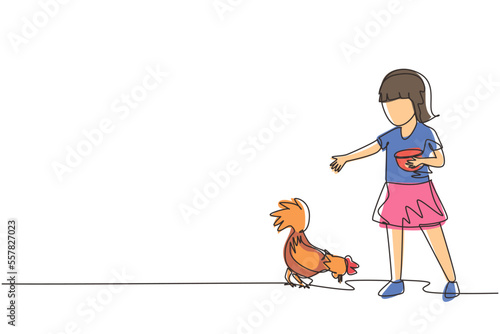 Single continuous line drawing happy little girl feeding chicken. Kid farmer feeding rooster, hen and little chickens. Children farmer life. Dynamic one line draw graphic design vector illustration
