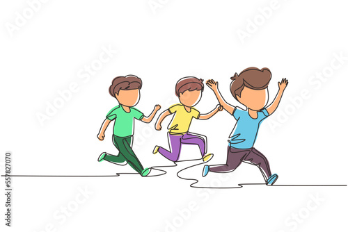 Single continuous line drawing children in athletics competitions. The boys run in stadium and finish. The child came running first and won. Dynamic one line draw graphic design vector illustration