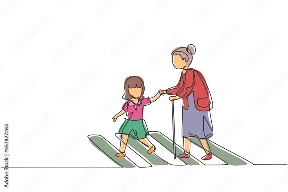 Single one line drawing little girl helps old woman to cross road at pedestrian crossing. Help grandmother crosswalk. Safety traffic. Modern continuous line draw design graphic vector illustration