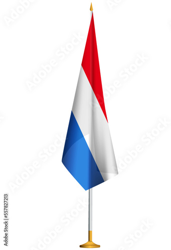 Isolated small national flag of Netherlands vector with golden flagpole.Standing miniature flag of Netherlands