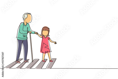 Single continuous line drawing polite girl helping grandfather to cross street. Courteous kind kid taking old man across road, holding hand. Manners and respect. One line draw graphic design vector