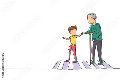 Single continuous line drawing happy boy helps grandfather cross road. Courteous kind kid taking old man across road, holding hand. Manners and respect. One line graphic design vector illustration