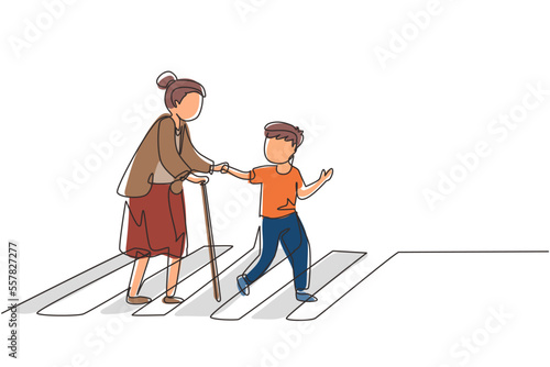 Single continuous line drawing polite boy help grandmother cross street. Well mannered child assistance to aged woman. Kid and elderly female go on crosswalk together. One line graphic design vector