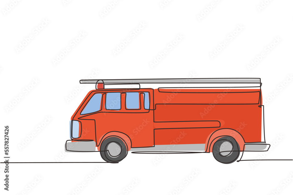 Continuous one line drawing fire engine icon logo. Firefighter truck automobile side view. Auto in flat design. Children's toy fire truck concept. Single line draw design vector graphic illustration