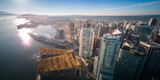 Aerial view downtown Vancouver Harbour skyline, British Columbia, Canada at sunrise