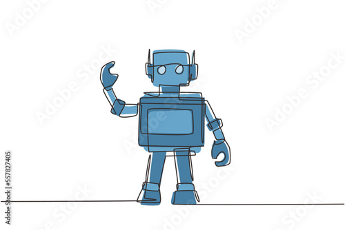 Continuous one line drawing toy robot for kids. Retro robot vintage toys. Metal computer man or cyborgs. Friendly mechanism. Children's toy robot. Single line draw design vector graphic illustration