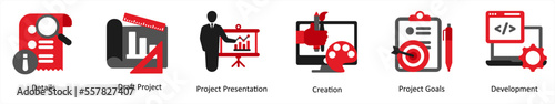 Six business icons in red and black as details, draft project, project presentation