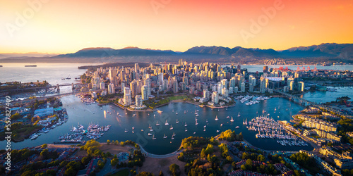 Beautiful aerial view of downtown Vancouver skyline, British Columbia, Canada at sunset
