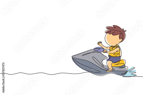 Continuous one line drawing active boy riding jet ski. Happy smiling child with rides water scooter on ocean waves. Summer water sport concept. Single line draw design vector graphic illustration