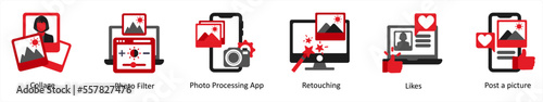 Six photography icons in red and black as collage, photo filter, photo processing app