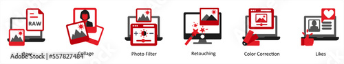 Six photography icons in red and black as raw, collage, photo filter