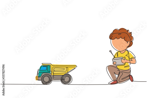 Single continuous line drawing boy playing with remote-controlled dump truck toy. Cute kids playing with electronic dump truck toy with remote control in hands. One line draw graphic design vector