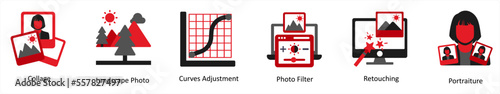 Six photography icons in red and black as collage, landscape, photo