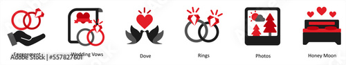 Six party icons in red and black as engagement, wedding vows, dove