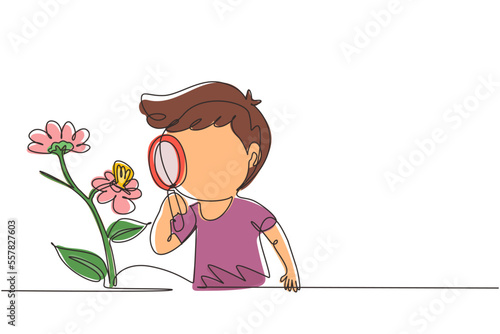 Single one line drawing little boy using magnifying glass and observing butterfly on leaf. Children observing nature. Kids activities. Modern continuous line draw design graphic vector illustration