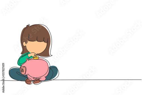 Continuous one line drawing cute little girl sitting on the floor puts coins in a piggy bank and dreams of buy something. Concept of saving money. Single line draw design vector graphic illustration