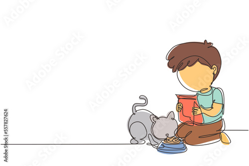 Single one line drawing cute smiling little boy feeding his kitten, adorable kid caring for animal. Kids doing housework chores at home. Modern continuous line draw design graphic vector illustration