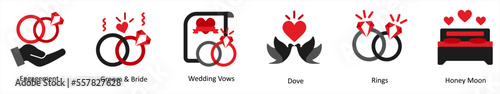 Six party icons in red and black as engagement, groom and bride, wedding vows