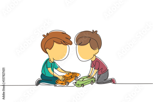 Single one line drawing two cute boys playing with their toys cars. Boy shows his toy cars to his friend. Happy kids playing together. Modern continuous line draw design graphic vector illustration