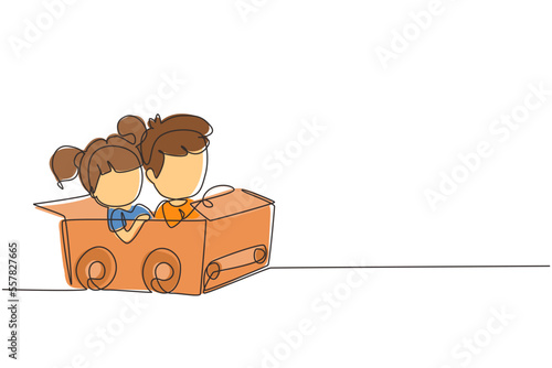 Single one line drawing boy and girl driving with cardboard car. Happy child ride on toy car made of cardboard. Creative kids plays with her cardboard car. Continuous line draw design graphic vector