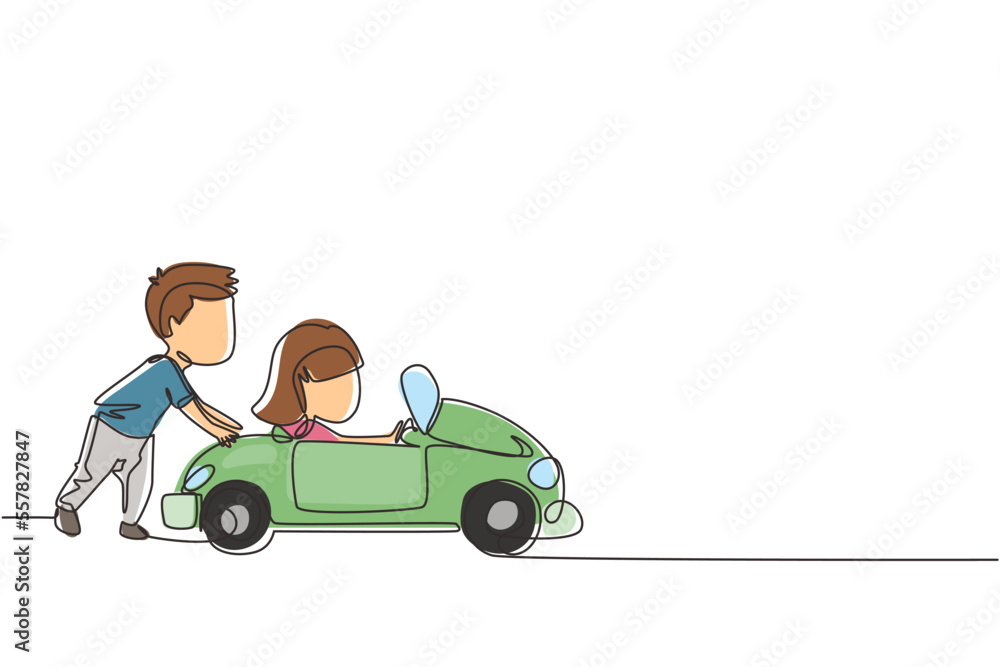 Continuous one line drawing a boy is pushing his friend's car in the road. Boy and girl play with big toy car together. Kids having fun with at backyard. Single line design vector graphic illustration Continuous one line drawing a boy is pushing his friend's car in the road. Boy and girl play with big toy car together. Kids having fun with at backyard. Single line design vector graphic illustration