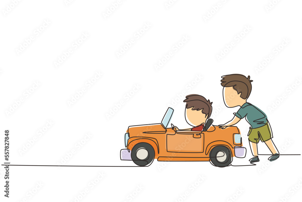 Continuous one line drawing a boy is pushing his friend's car in the road. Kids play with big toy car together. Sibling having fun with at backyard. Single line draw design vector graphic illustration Continuous one line drawing a boy is pushing his friend's car in the road. Kids play with big toy car together. Sibling having fun with at backyard. Single line draw design vector graphic illustration