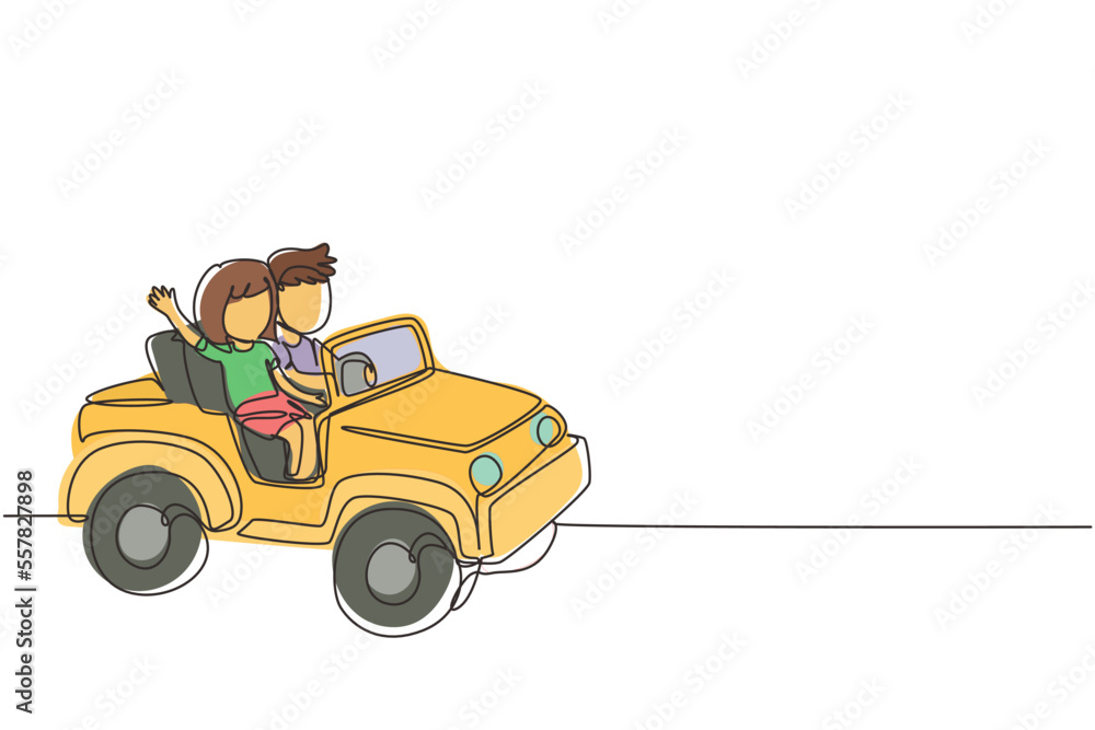 Continuous one line drawing children driving toy car with a little boy and girl smiling, having fun while driving toy car. Kids trip in small car. Single line draw design vector graphic illustration