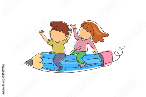 Continuous one line drawing happy school kids riding flying pencil, get ready for studying. Children riding on stationary. Back to school concept. Single line draw design vector graphic illustration