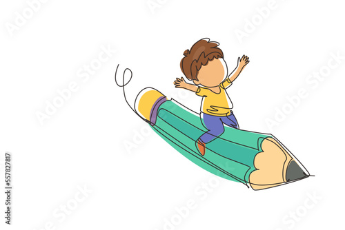 Single one line drawing happy boy sitting on flying pencil  get ready for studying. Kids riding on stationary. Back to school or creative thinking concept. Modern continuous line draw design graphic