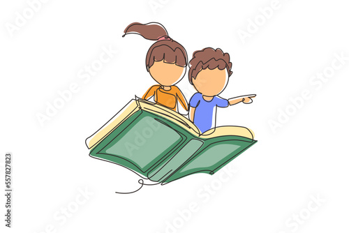 Single one line drawing little boy and girl student or preschooler flying on magic book. Happy kids flying on the book. Knowledge power concept. Continuous line draw design graphic vector illustration