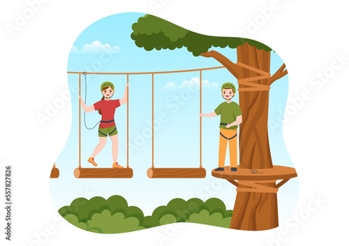 Zip Line Illustration with Visitors Walking on an Obstacle Course and Outdoor Rope Adventure Park in Forest in Flat Cartoon Hand Drawn Templates