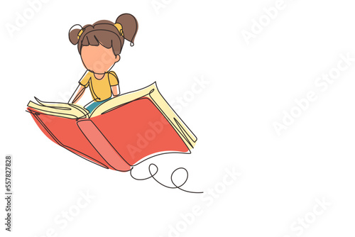Single continuous line drawing little girl student or preschooler flying on magic book. Happy kids flying on the book. Knowledge power concept. Dynamic one line draw graphic design vector illustration