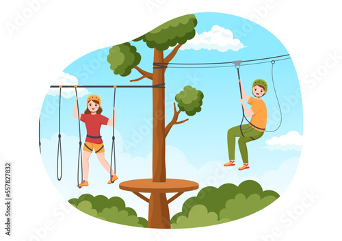 Zip Line Illustration with Visitors Walking on an Obstacle Course and Outdoor Rope Adventure Park in Forest in Flat Cartoon Hand Drawn Templates