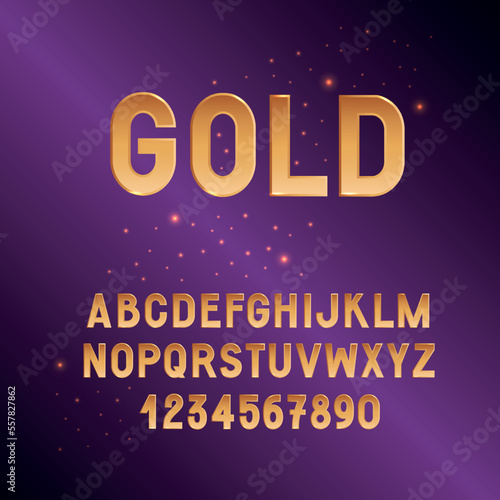 Golden font. English alphabet from a to z and numbers from 0 to 9. Festive type.