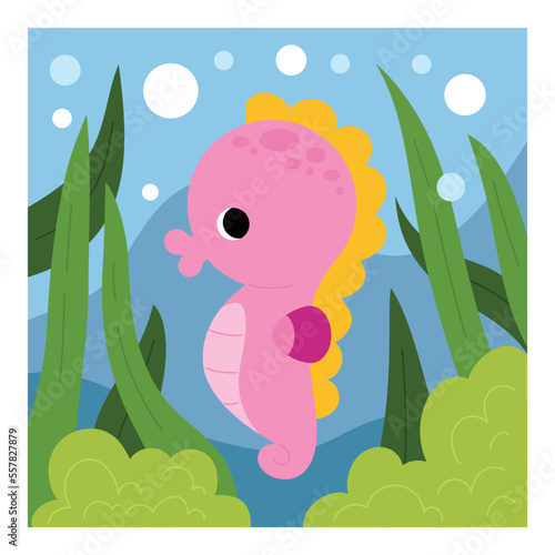 Cute seahorse and sea background. Cartoon vector illustration