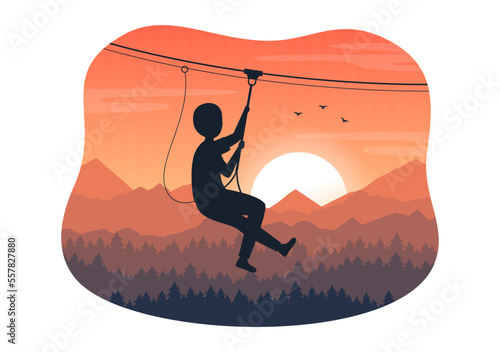 Zip Line Illustration with Visitors Walking on an Obstacle Course and Outdoor Rope Adventure Park in Forest in Flat Cartoon Hand Drawn Templates
