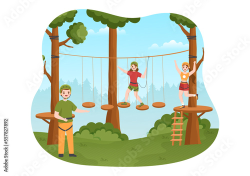 Zip Line Illustration with Visitors Walking on an Obstacle Course and Outdoor Rope Adventure Park in Forest in Flat Cartoon Hand Drawn Templates