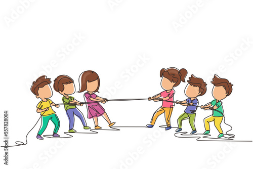Continuous one line drawing group of children playing tug of war. Kids playing tug of war at park. Girls and boys pull rope, outdoor child games. Single line draw design vector graphic illustration