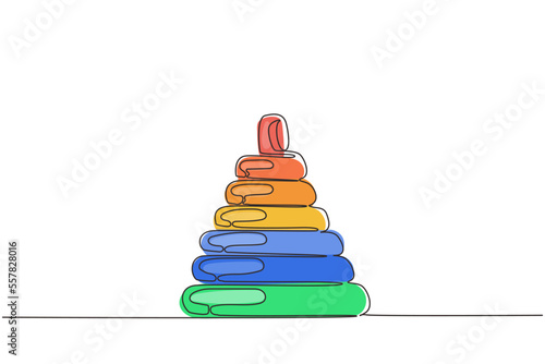 Single continuous line drawing children's plastic toy pyramid. Pyramid toy icon, Kids children stackable ring toy. Children pyramid or pile rings toy. One line draw graphic design vector illustration