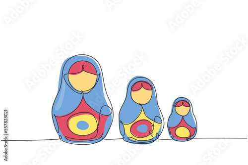 Continuous one line drawing matryoshka russian nesting dolls of different sizes, souvenir from Russia. Traditional Russian matryoshka dolls souvenir. Single line design vector graphic illustration photo