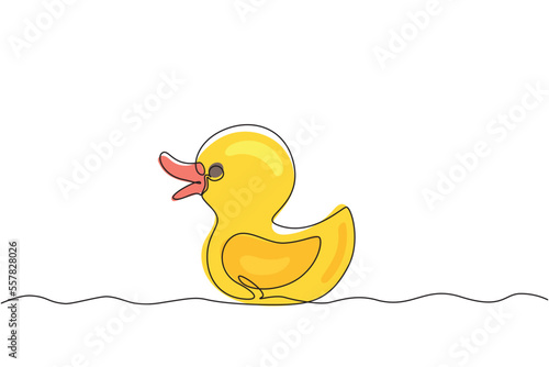 Single continuous line drawing Bath duck hand drawn outline doodle icon. Rubber bath duck for baby bathtub. Symbol of children's department in store. One line draw graphic design vector illustration