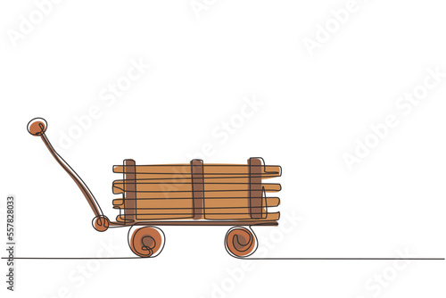 Continuous one line drawing toy mini wagon with wooden. Farm wheelbarrow. Equipment of garden cart for gardening, harvesting, planting seedlings. Single line draw design vector graphic illustration