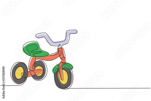 Single one line drawing kids tricycle. Children tricycle transportation. Tricycle, children bicycle. Sketch scratch board imitation. Modern continuous line draw design graphic vector illustration