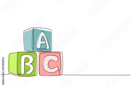 Single one line drawing alphabet cubes with letters ABC. Block building tower. ABC letters building blocks. Alphabet cubes with letters. Modern continuous line draw design graphic vector illustration