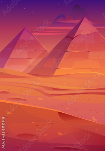 Ancient Egyptian pyramids at dusk. Cartoon vector illustration of antique pharaoh tomb buildings in desert under colorful evening sky with stars. Famous tourist landmark. Adventure game background