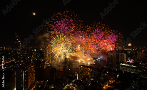 Spectacular fireworks display along the Chao Phraya River Bangkok, Thailand